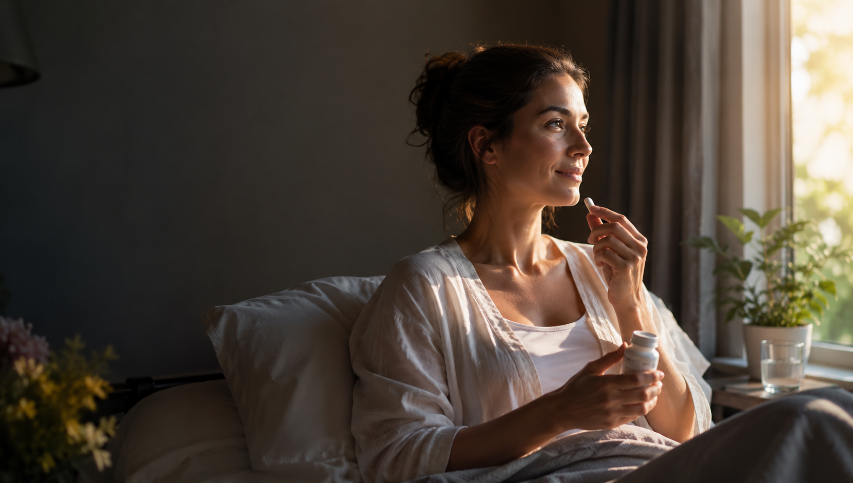 A calm woman in her 30s or 40s rests near a sunny window while holding a vitamin D supplement and bottle, suggesting safe surgery recovery and wellness.